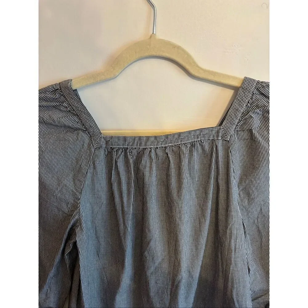 J.Crew Gingham Puff Sleeve Blouse XS Black White Square Neck Style G7060